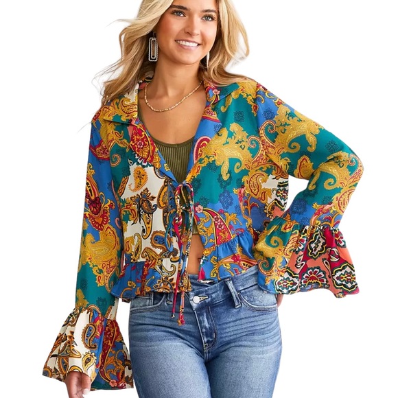 Willow & Root Tops - WILLOW & ROOT Mixed Paisley Print Chiffon Blouse, Sz S